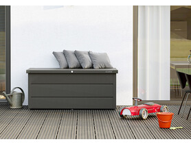 Hormann Juno duża metalowa skrzynia ogrodowa balkonowa tarasowa zamykana schowek szare aluminium RAL 9007